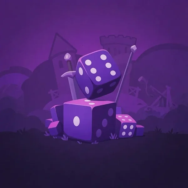 Dice game tile with purple dice on a castle background